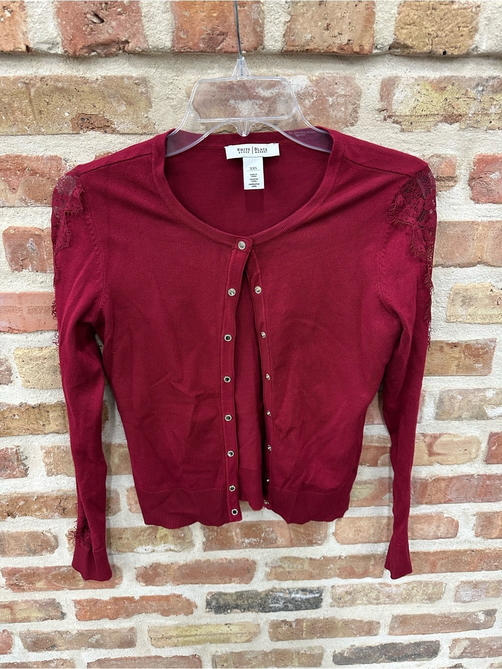 White House Black Market Burgundy Lace-Shoulder Snap Cardigan